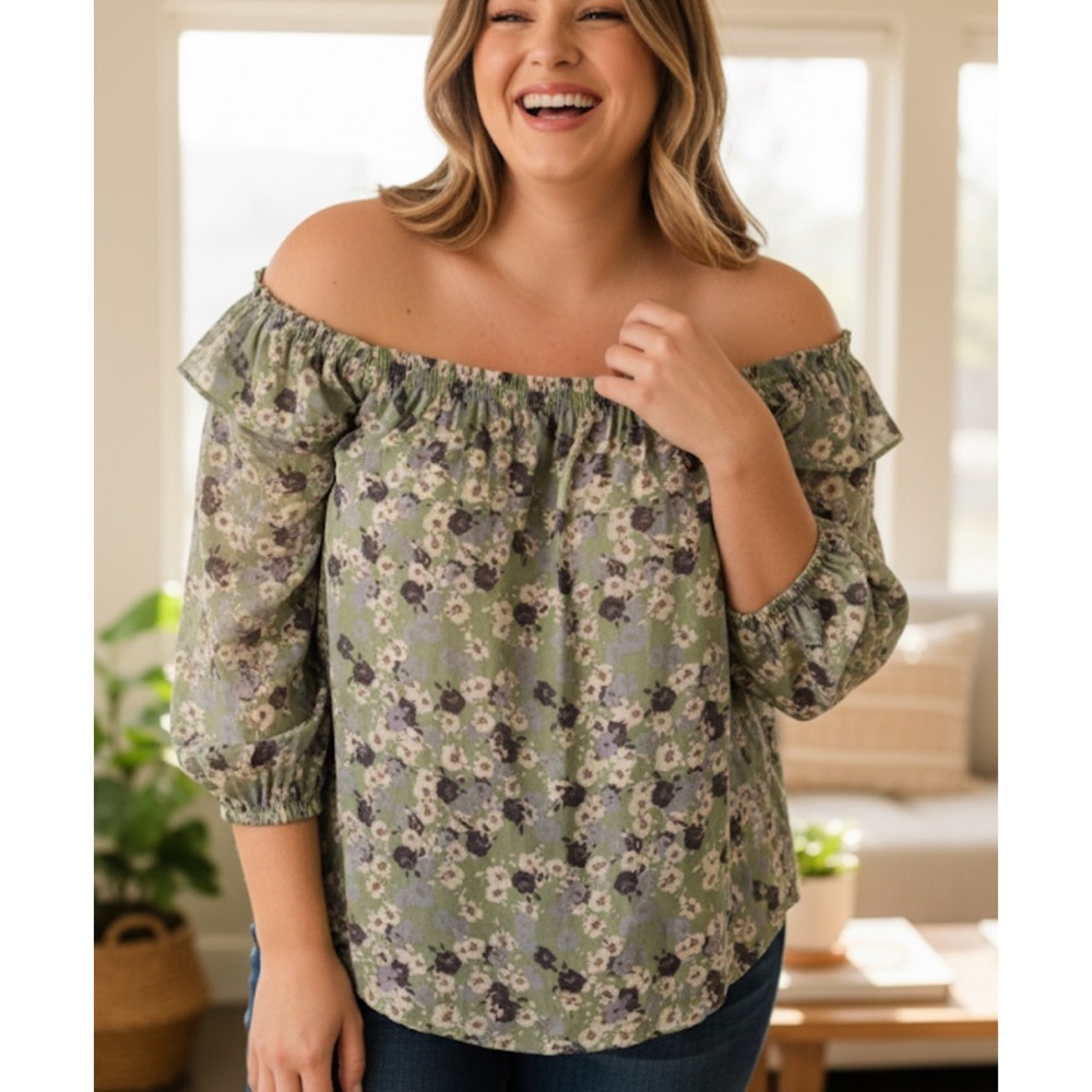 Zac Rachel Plus 3X Floral Off Shoulder Peasant Top Cottagecore Boho Feminine
